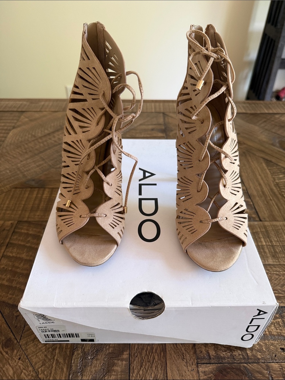 ALDO Beige Laser-Cut Lace-Up Peep-Toe Heels